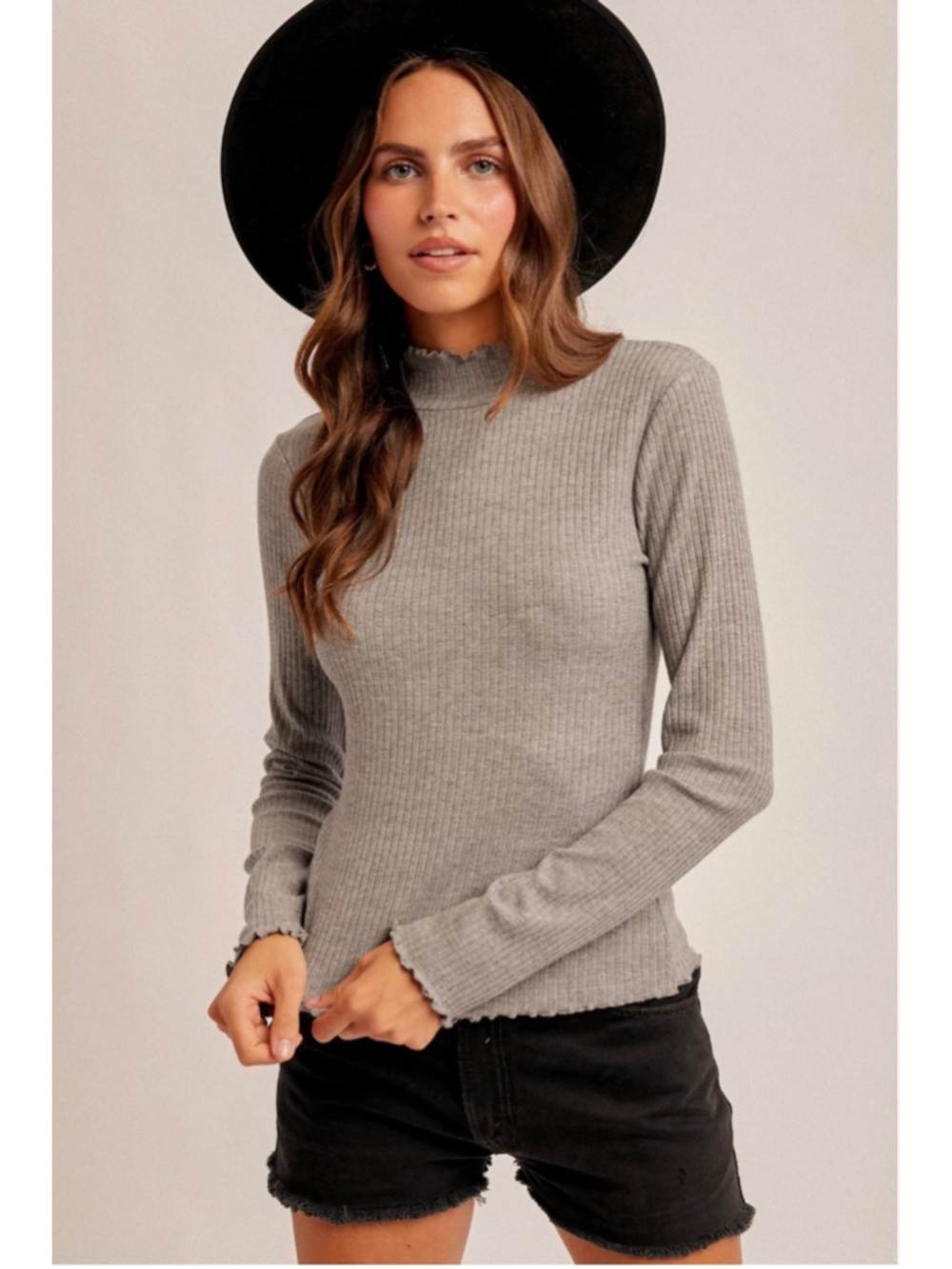 Robert Rodriguez Grey Ribbed Lettuce-Edge Mock Neck Long Sleeve Top|Small|NWOT|